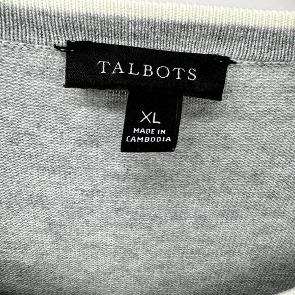 Talbots Sweater Womens XL Cardigan Gray White Stripe Knit Ruffle Wrist Button Up - Picture 2 of 6